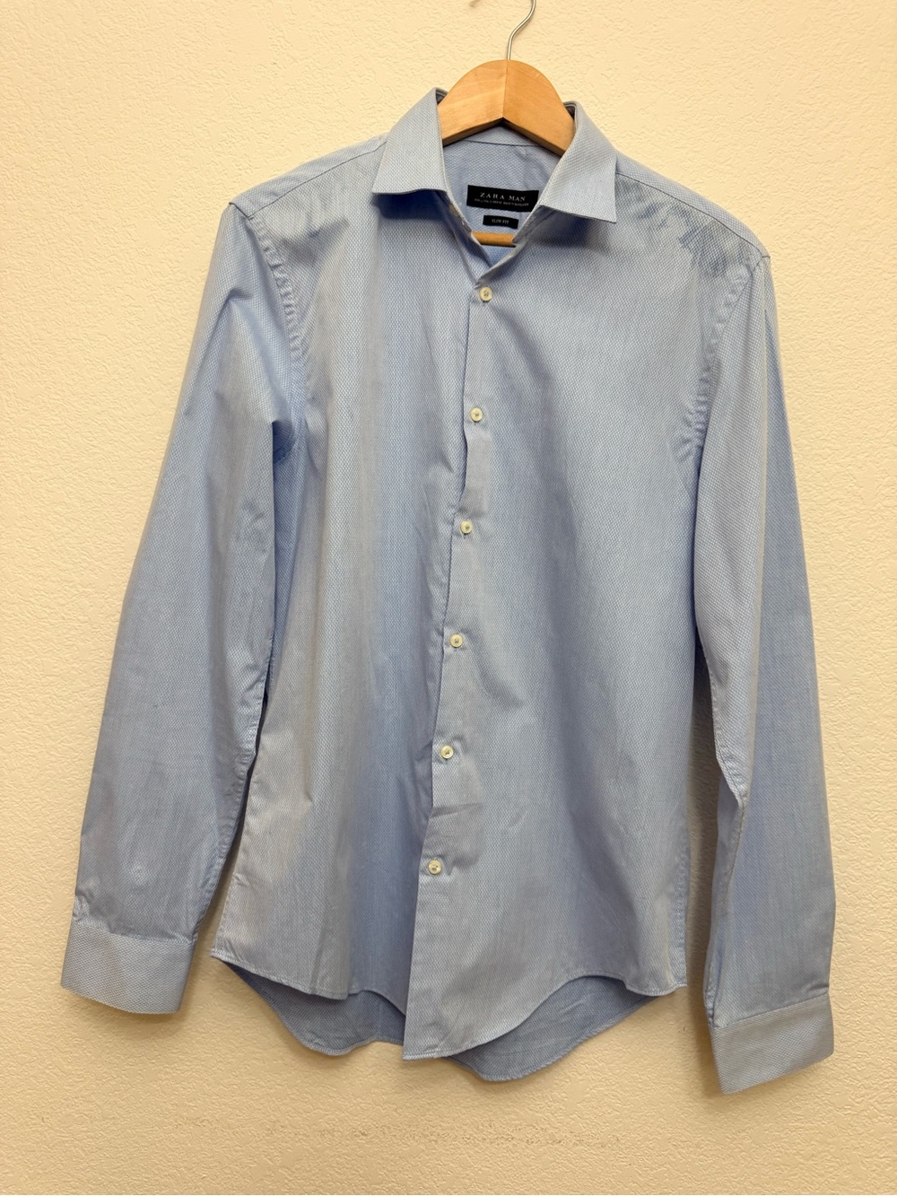 Zara Man Men's L Slim Fit Light Blue Textured Long Sleeve Dress Shirt